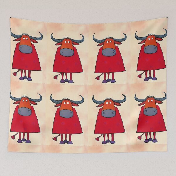Item preview, Bull Striking a Heroic Pose in a Bright Red Cape Showing Off Spiraled Horns and Big Playful Eyes designed and sold by OlfactoART Studio.