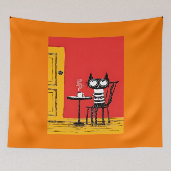 Item preview, Hate Mondays But Coffee Helps Says This Wide-Eyed Black Cat in a Vibrant Playful Room designed and sold by OlfactoART Studio.