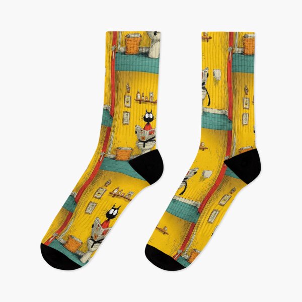Item preview, Black Cat Trying to Read in Peace on Toilet While Surrounded by Bright Yellow Bathroom Chaos designed and sold by OlfactoART Studio.