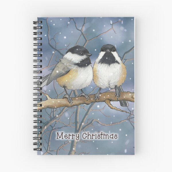 Item preview, Merry Christmas with Chickadee Couple in Falling Snow Illustration designed and sold by JoyfulWhimsy.