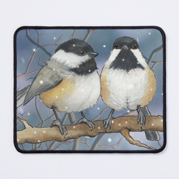 Item preview, Merry Christmas with Chickadee Couple in Falling Snow Illustration designed and sold by JoyfulWhimsy.