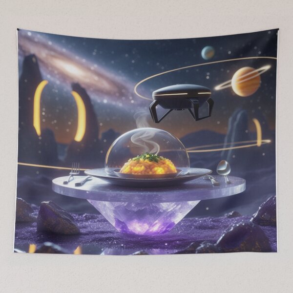 Item preview, Galactic Gourmet Scene with Futuristic Food Delivery designed and sold by Dream Output .