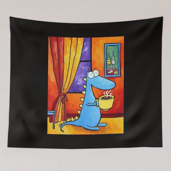 Item preview, Blue Dinosaur Clutching Coffee Like It's the Only Thing Keeping It Sane in Vibrant Orange Room designed and sold by OlfactoART Studio.