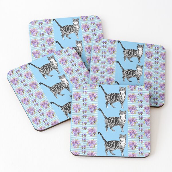 Item preview, Blue Tabby Cat Art flowers Shabby Cottage Core Pattern designed and sold by Sarah  Rajkotwala.