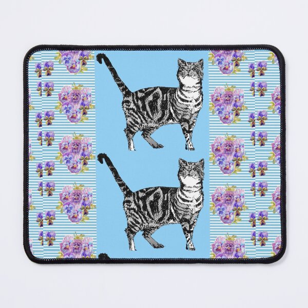 Item preview, Blue Tabby Cat Art flowers Shabby Cottage Core Pattern designed and sold by Sarah  Rajkotwala.