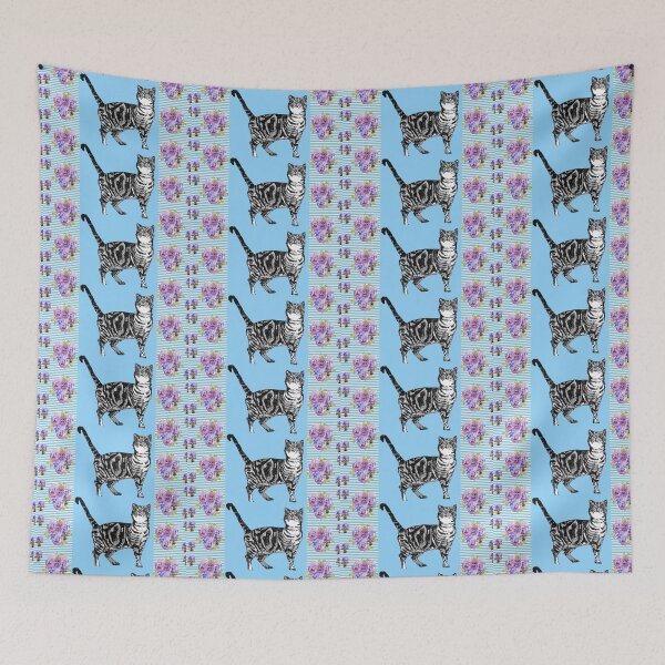 Item preview, Blue Tabby Cat Art flowers Shabby Cottage Core Pattern designed and sold by Sarah  Rajkotwala.