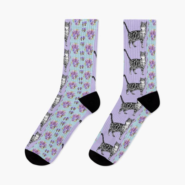 Item preview, Purple Tabby Cat Art flowers Shabby Cottage Core Pattern designed and sold by Sarah  Rajkotwala.