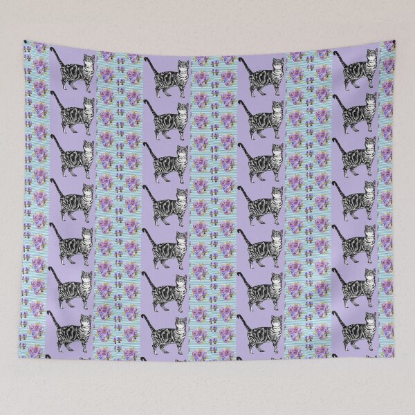 Item preview, Purple Tabby Cat Art flowers Shabby Cottage Core Pattern designed and sold by Sarah  Rajkotwala.