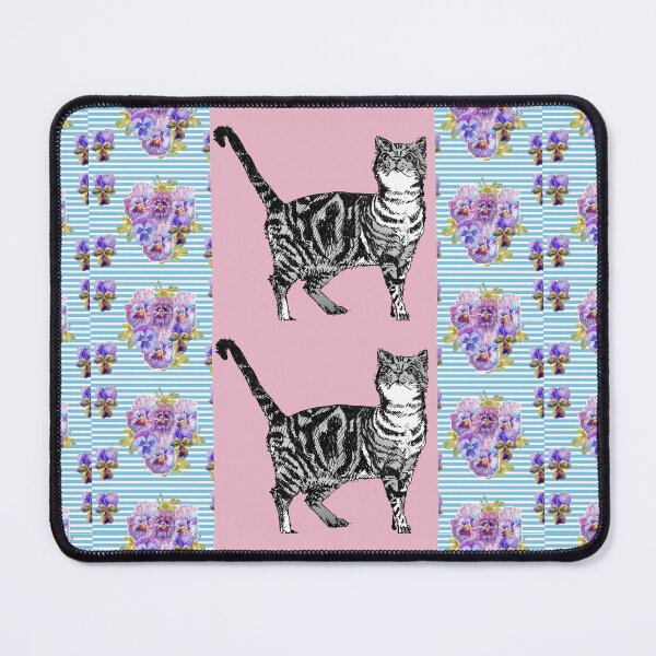 Item preview, Pink Tabby Cat Art flowers Shabby Cottage Core Pattern designed and sold by Sarah  Rajkotwala.