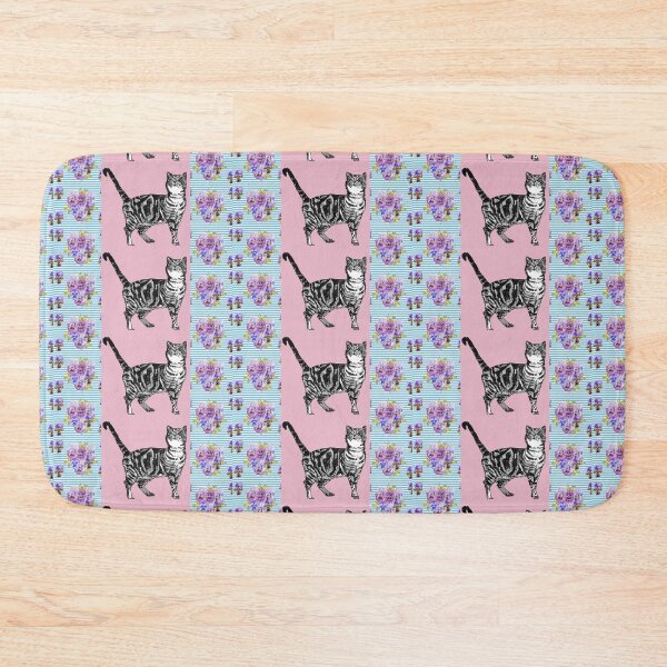 Item preview, Pink Tabby Cat Art flowers Shabby Cottage Core Pattern designed and sold by Sarah  Rajkotwala.