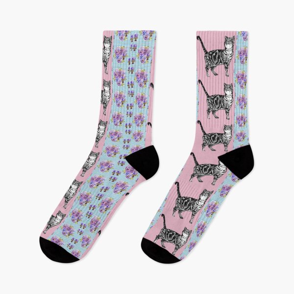 Item preview, Pink Tabby Cat Art flowers Shabby Cottage Core Pattern designed and sold by Sarah  Rajkotwala.
