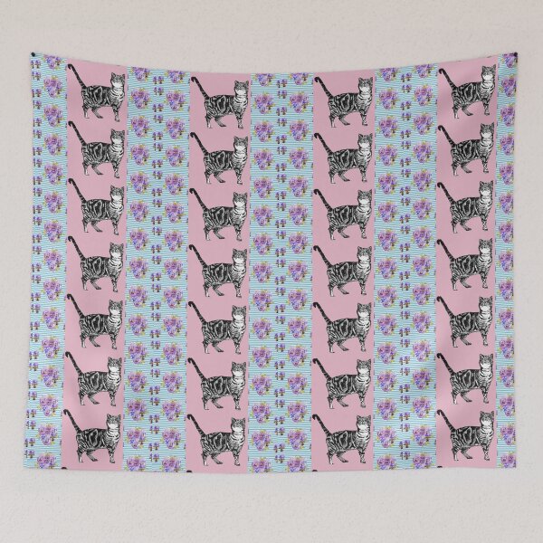 Item preview, Pink Tabby Cat Art flowers Shabby Cottage Core Pattern designed and sold by Sarah  Rajkotwala.