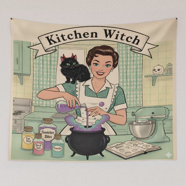 Item preview, Vintage Halloween Pin-up: The Kitchen Witch and Her Familiar designed and sold by Retro Occult.