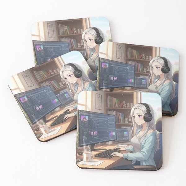 Item preview, Anime Girl Coder – Cute Silver-Haired Programmer at Work Desk designed and sold by YKS - Art&Stuff.