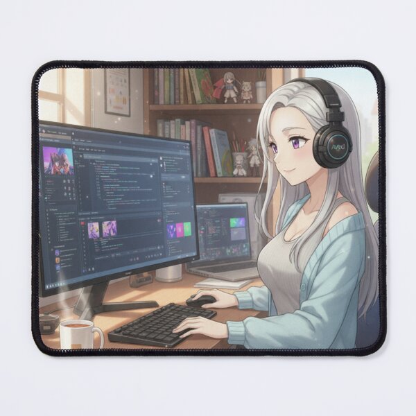 Item preview, Anime Girl Coder – Cute Silver-Haired Programmer at Work Desk designed and sold by YKS - Art&Stuff.