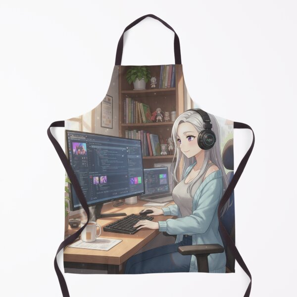 Item preview, Anime Girl Coder – Cute Silver-Haired Programmer at Work Desk designed and sold by YKS - Art&Stuff.