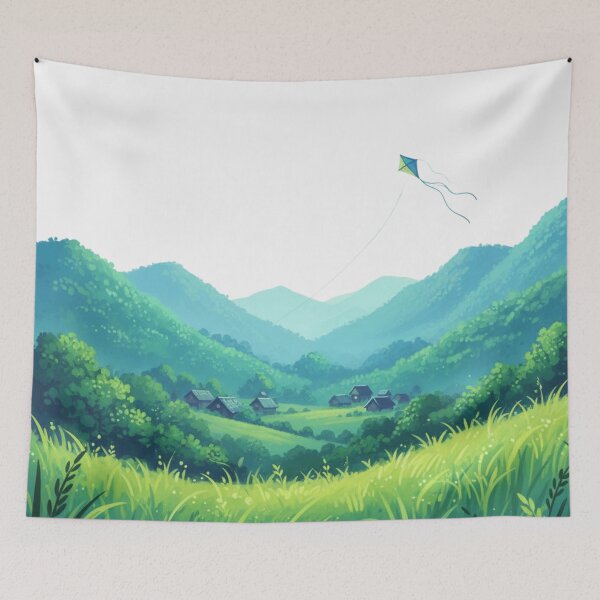 Item preview, Green Valley Kite Flying Landscape Art designed and sold by 0606PM.