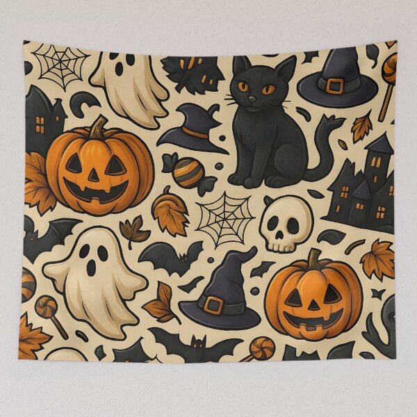 Item preview, Halloween Seamless Pattern – Pumpkins, Ghosts, Cats, Witches, Skulls & Candy – Spooky Cute Vector Design designed and sold by graphicnew.