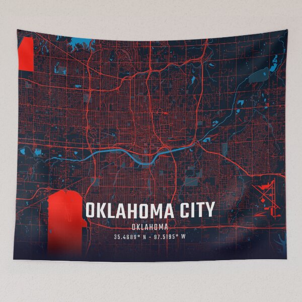 Item preview, Oklahoma City Red & Blue Minimalist Map designed and sold by HomeLivingCo.