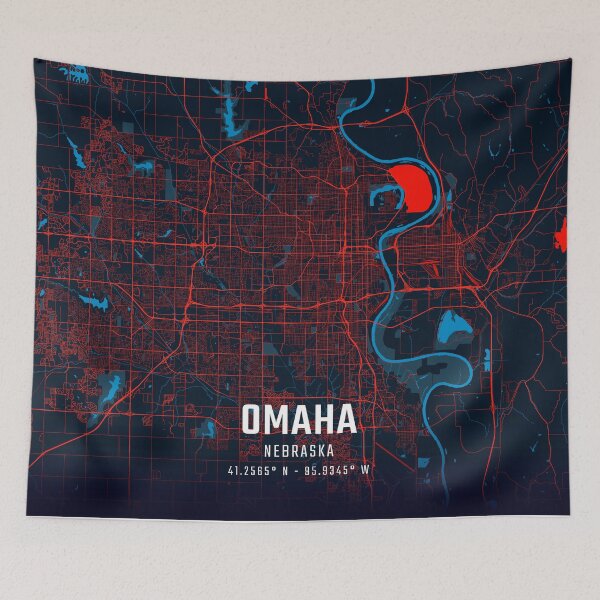 Item preview, Omaha Red & Blue Minimalist Map designed and sold by HomeLivingCo.