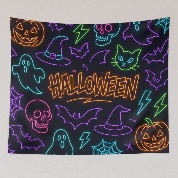 Item preview, Neon Halloween Pattern Ghosts Pumpkins Bats designed and sold by graphicnew.
