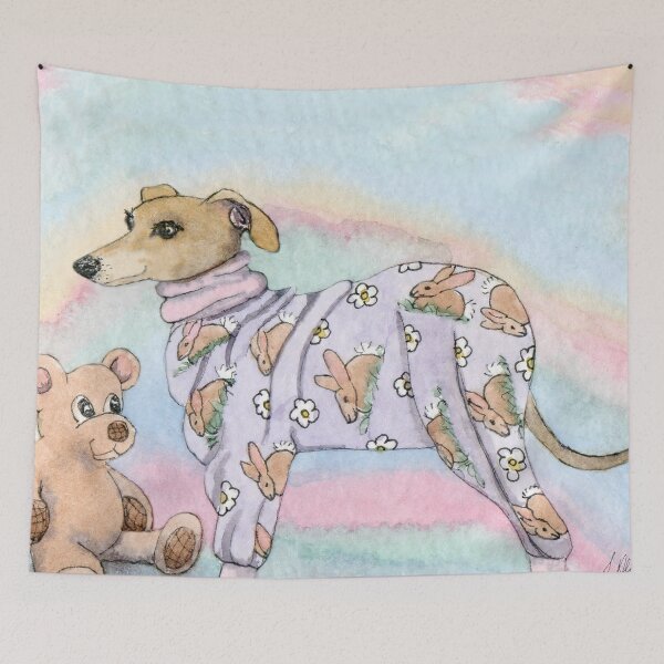 Item preview, Greyhound Dog in her Pyjamas with her Teddy Bear designed and sold by SusanAlisonArt.