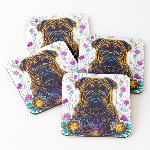 Item preview, Cyberpunk Bulldog with Neon Florals | Futuristic Yellow and Brown Dog Art designed and sold by Naturalite19.