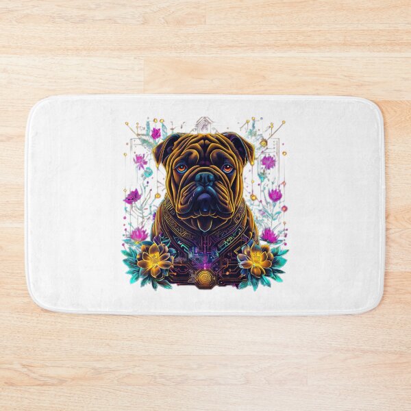 Item preview, Cyberpunk Bulldog with Neon Florals | Futuristic Yellow and Brown Dog Art designed and sold by Naturalite19.