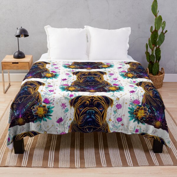 Item preview, Cyberpunk Bulldog with Neon Florals | Futuristic Yellow and Brown Dog Art designed and sold by Naturalite19.