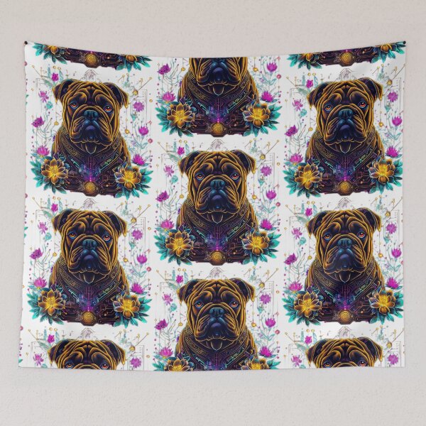 Item preview, Cyberpunk Bulldog with Neon Florals | Futuristic Yellow and Brown Dog Art designed and sold by Naturalite19.