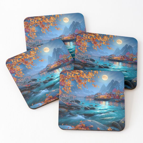 Item preview, Stunning Autumn Moonlit Lakeside Village Scene designed and sold by Artessie.