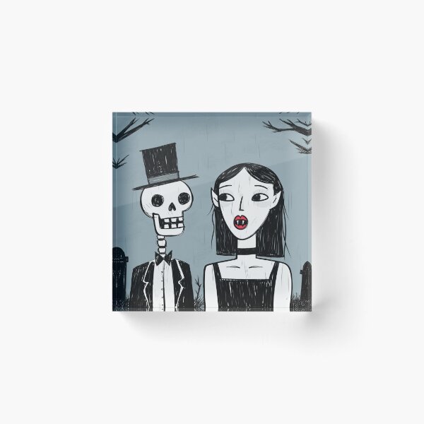 Item preview,  Fancy dapper Skeleton man rotting in the night next to a sexy vampire girl cool horror art designed and sold by Vintage Designs +.