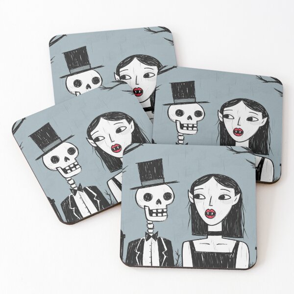 Item preview,  Fancy dapper Skeleton man rotting in the night next to a sexy vampire girl cool horror art designed and sold by Vintage Designs +.