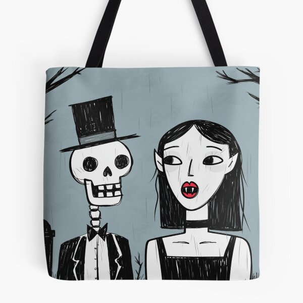 Item preview,  Fancy dapper Skeleton man rotting in the night next to a sexy vampire girl cool horror art designed and sold by Vintage Designs +.