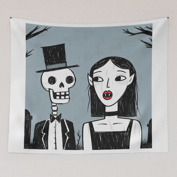 Item preview,  Fancy dapper Skeleton man rotting in the night next to a sexy vampire girl cool horror art designed and sold by Vintage Designs +.