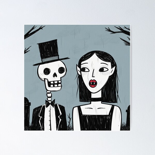 Item preview,  Fancy dapper Skeleton man rotting in the night next to a sexy vampire girl cool horror art designed and sold by Vintage Designs +.