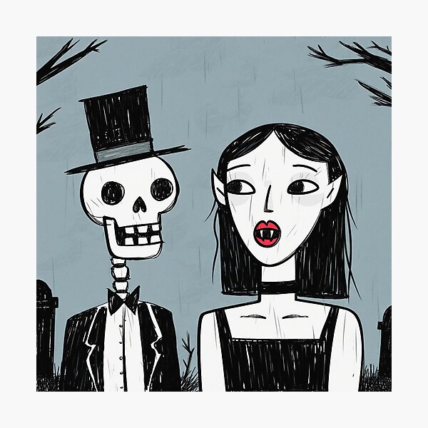 Item preview,  Fancy dapper Skeleton man rotting in the night next to a sexy vampire girl cool horror art designed and sold by Vintage Designs +.