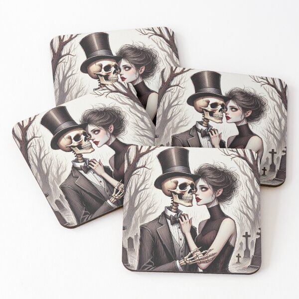 Item preview,  Fancy dapper Skeleton man rotting in the night next to a sexy vampire girl cool horror art designed and sold by Vintage Designs +.