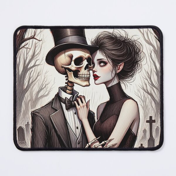Item preview,  Fancy dapper Skeleton man rotting in the night next to a sexy vampire girl cool horror art designed and sold by Vintage Designs +.