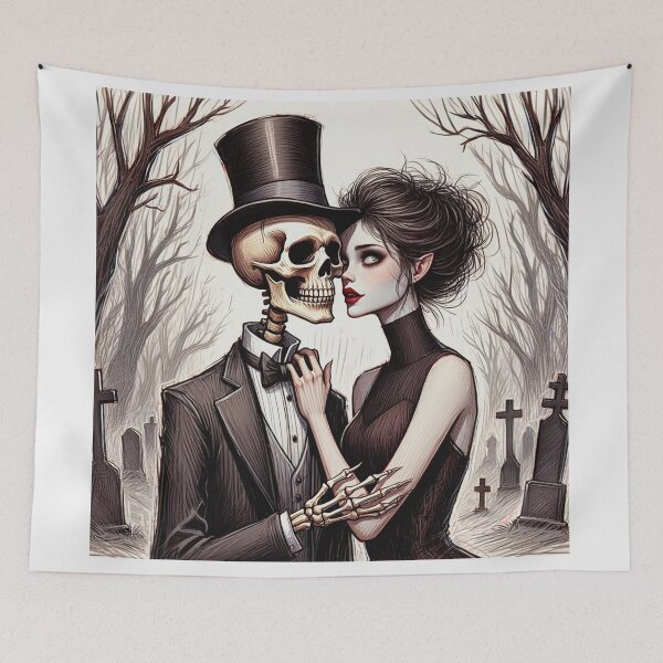 Item preview,  Fancy dapper Skeleton man rotting in the night next to a sexy vampire girl cool horror art designed and sold by Vintage Designs +.