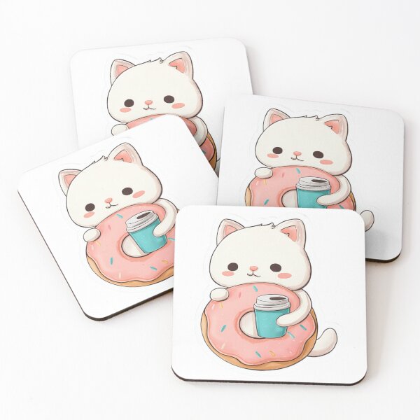 Item preview, Cute Kawaii White Cat Hugging Pink Donut with Coffee Cup Illustration - Adorable Feline Dessert & Caffeine Lover Design designed and sold by ModNoy.