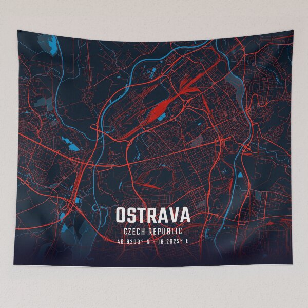 Item preview, Ostrava Red & Blue Minimalist Map designed and sold by HomeLivingCo.