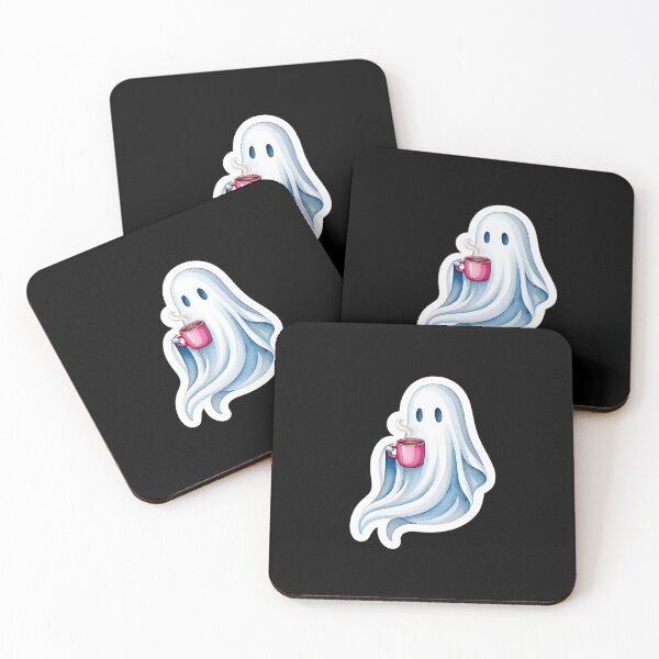 Item preview, Cute watercolor ghost holding a pink mug of steaming coffee designed and sold by Trendsecne.