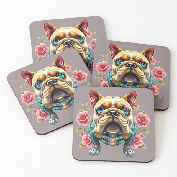Item preview, Cute Cybernetic Bulldog with Pink Camellia Flowers | Futuristic Dog Art designed and sold by Naturalite19.