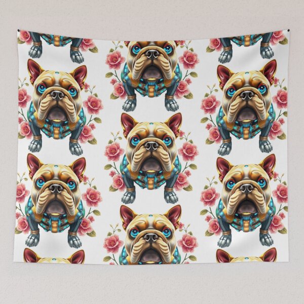 Item preview, Cute Cybernetic Bulldog with Pink Camellia Flowers | Futuristic Dog Art designed and sold by Naturalite19.