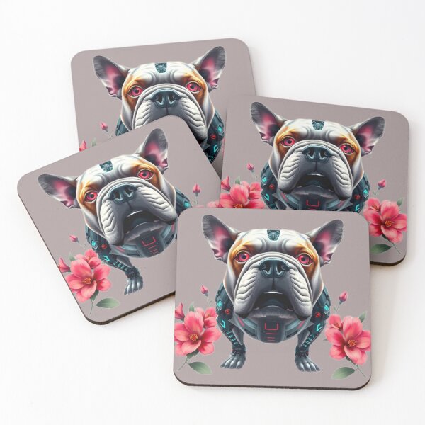 Item preview, Bulldog with Red Eyes and Pink Camellia Flowers | Futuristic Robot Dog Art designed and sold by Naturalite19.