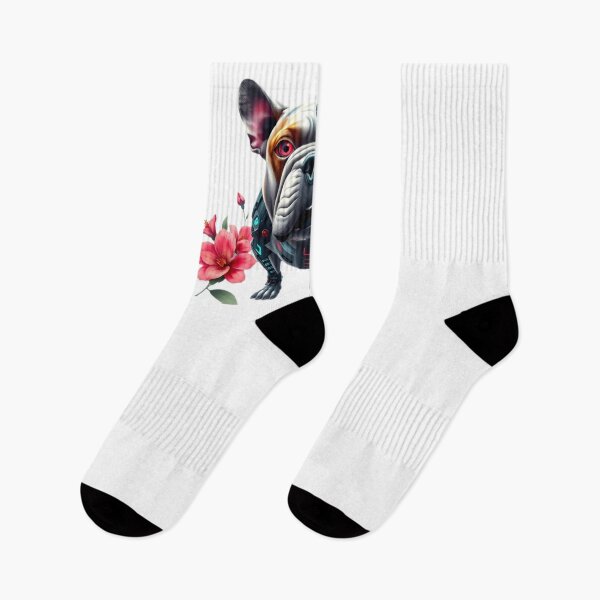 Item preview, Bulldog with Red Eyes and Pink Camellia Flowers | Futuristic Robot Dog Art designed and sold by Naturalite19.