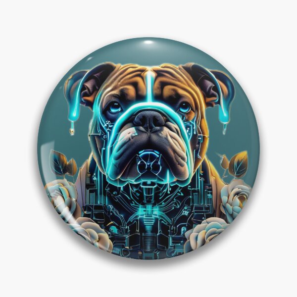 Item preview, Bulldog with Blue Neon Circuits and White Camellia Flowers | Futuristic Dog Art designed and sold by Naturalite19.