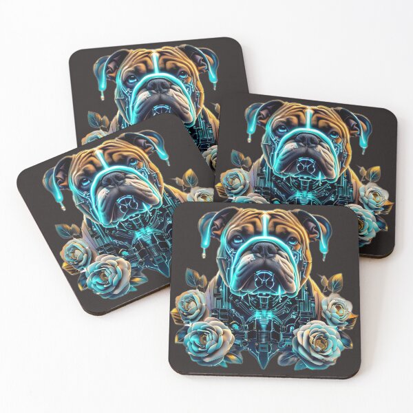 Item preview, Bulldog with Blue Neon Circuits and White Camellia Flowers | Futuristic Dog Art designed and sold by Naturalite19.