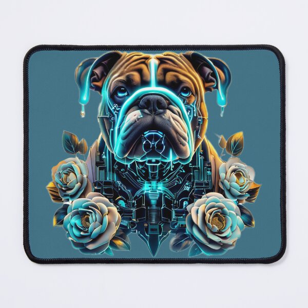 Item preview, Bulldog with Blue Neon Circuits and White Camellia Flowers | Futuristic Dog Art designed and sold by Naturalite19.